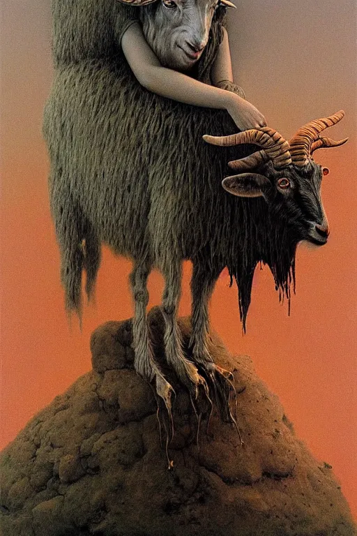 Image similar to painting of hybrid between human andy milonakis and a goat, by zdzislaw beksinski, by tiffany bozic, cold hue's, warm tone gradient background, concept art, beautiful composition, digital painting