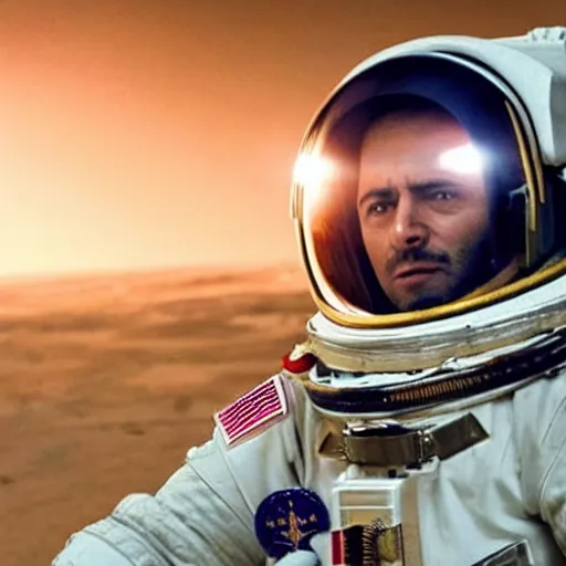 Image similar to close - up of a kurdish astronaut in a movie directed by christopher nolan, movie still frame, promotional image, imax 7 0 mm footage