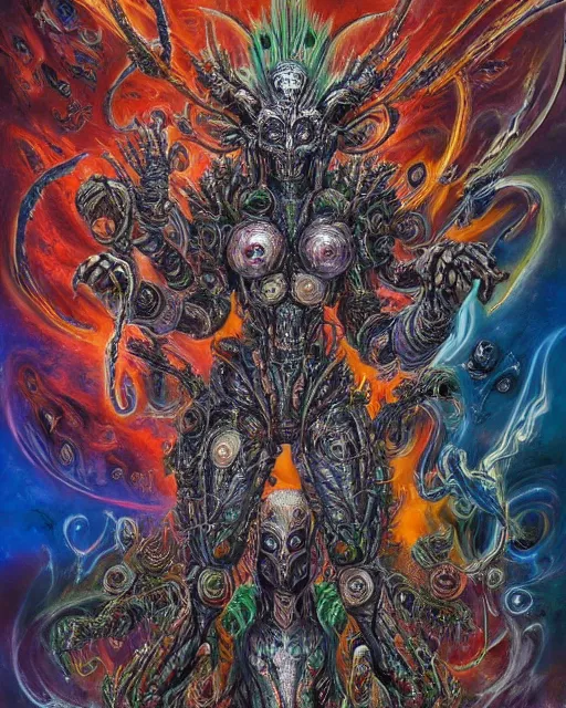 Image similar to silver mechanical charred bloody fleshmetal obliterator cyborg daemonhost woman wearing robes, psychedelic flamer of tzeentch with extra arms gunner, blue and green rainbow fire, by antonio j. manzanedo, alex grey, android jones, wayne barlowe, philippe druillet, josephine wall, harumi hironaka, cronenburg, pixabay