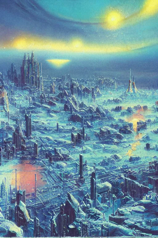 Image similar to a city in an frozen world landscape, cosmic sky sci - fi vivid by bruce pennington