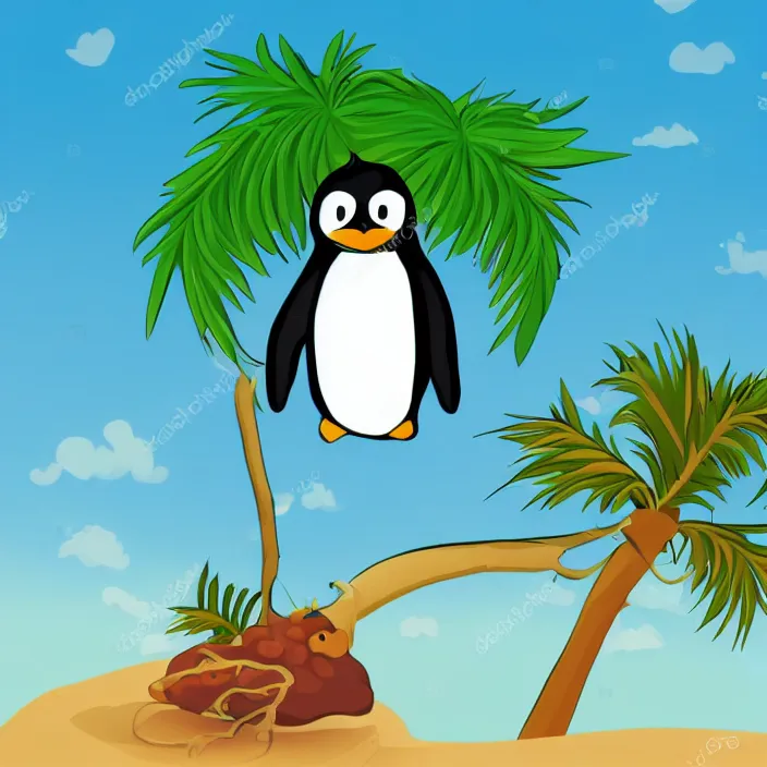 Prompt: penguin with a palm tree growing on its head, cartoon style