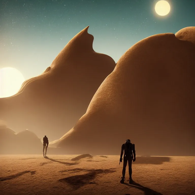 Prompt: singularity, lonely silhouette on a desert planet with three moons, highly detailed rock formations, sand storm, low camera angle, atmospheric establishing shot, cinematic lighting, octane renderer, 4k,