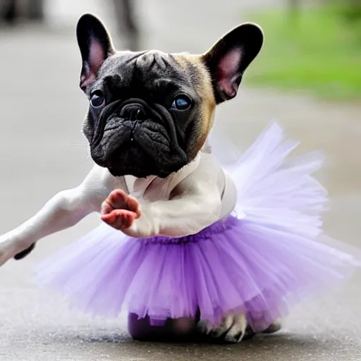 Image similar to a french bulldog ballet dancer in a tutu
