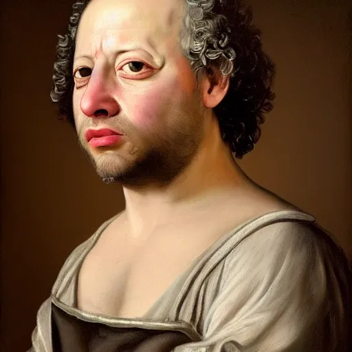 Image similar to A 17th century Baroque Painting of Gene Ween, grainy, realistic, hyperrealistic, very realistic, very very realistic, highly detailed, very detailed, extremely detailed, detailed, digital art, trending on artstation, detailed face, very detailed face, very detailed face, realism, HD Quality, 8k resolution, intricate details, body and head in frame, painting, oil painting, trending on deviantart, Baroque Painting