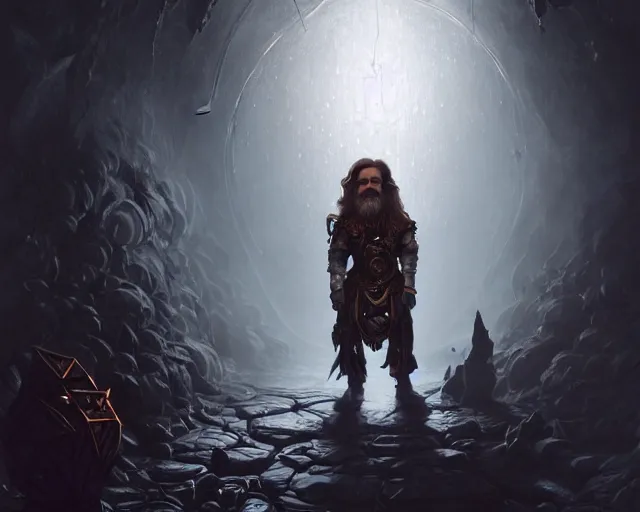 Image similar to a 4 k cinematic screenshot still portrait of a dwarf in a dark liminal space room surrounded by spider webs, deep focus, d & d, fantasy, intricate, elegant, highly detailed, digital painting, art station, concept art, matte, sharp focus, illustration, dark fantasy style art, hearthstone, art by artgerm and greg rutkowski and alphonse mucha