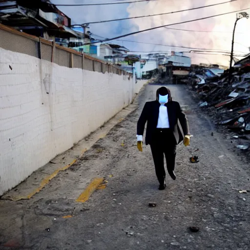 Prompt: photo of a man in a suit wearing a latex mask of a emperor penguin, at a favela, walking away from explosion, dramatic lighting