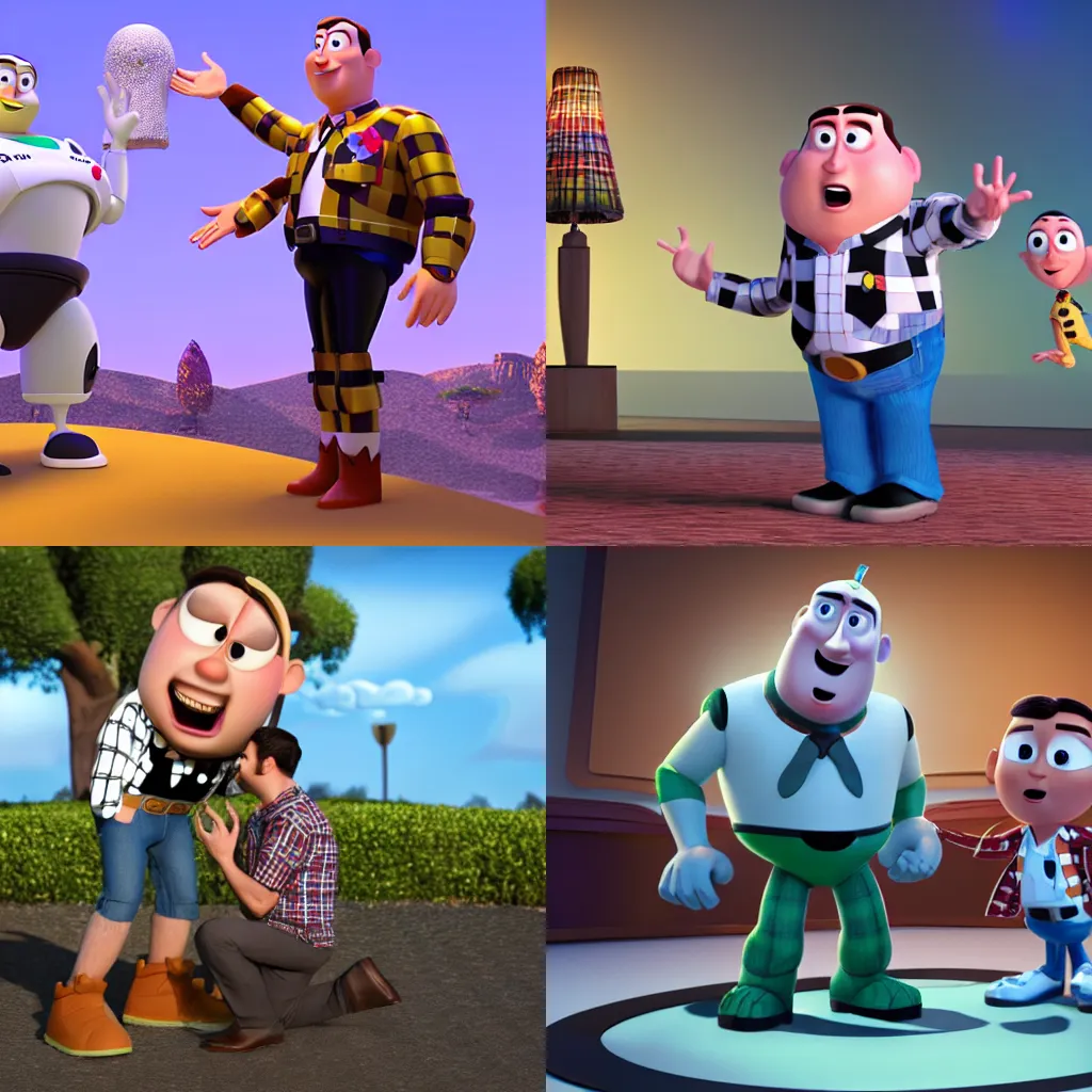 Prompt: Large man with dark hair wearing a plaid shirt proposing to buzz light year, Pixar, CGI, detailed, raytraced, 4k