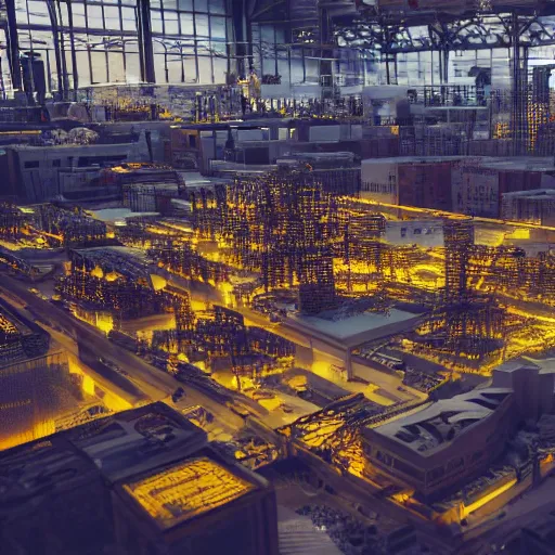 Image similar to crane shot of large group people in open warehouse, looking at hologram of futuristic city on a table, cinematic still, godrays, golden hour, natural sunlight, 4 k, clear details, tabletop model buildings, tabletop model, ethereal hologram center, crane shot, crane shot, gathering