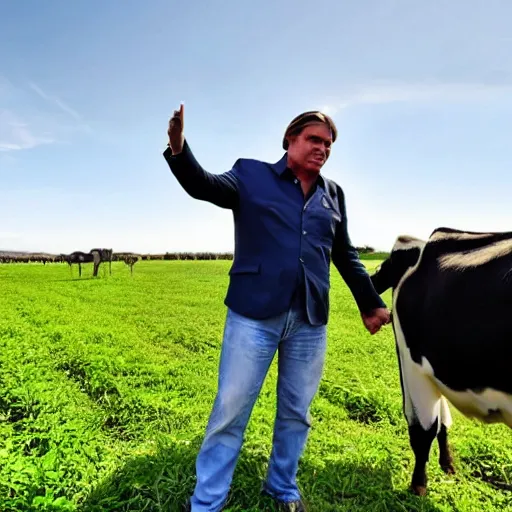 Prompt: bolsonaro holding hands with lula on a sunny farm field with visible cows and donkeys in the background , high definition, 4k