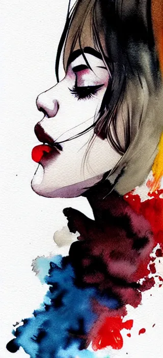 Prompt: profile view closeup!! of thick smoke coming from the lips of a young filipino woman, closeup, thick swirling smoke, by conrad roset, brush strokes, dramatic lighting, watercolor trending on artstation