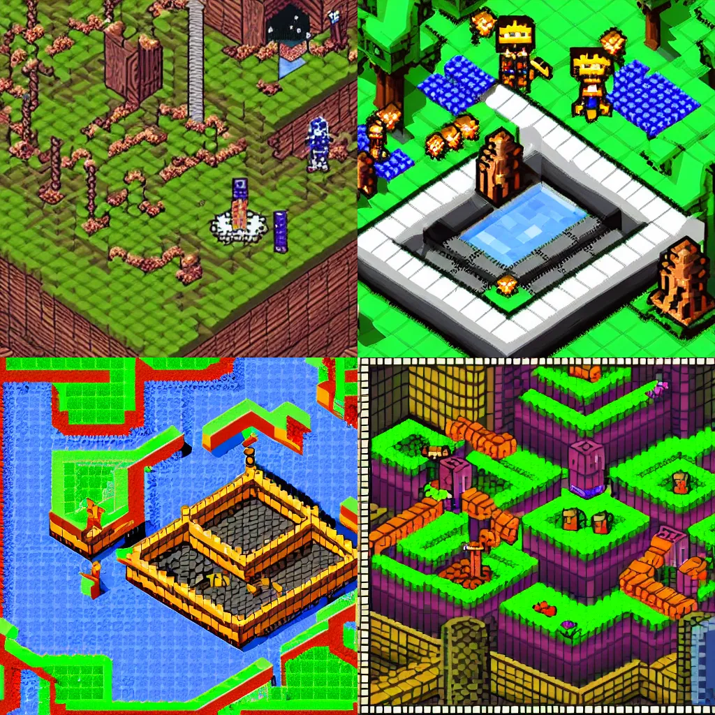 Prompt: isometric pixel art screenshot of a whimsical grim action rpg game