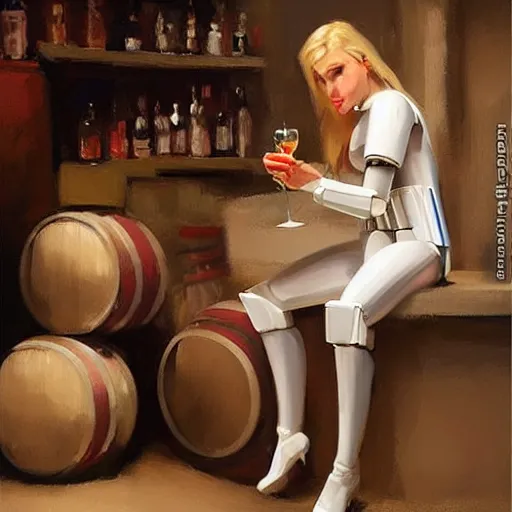 Image similar to stormtrooper and hot blonde drinking wine in a cellar, romantic, cozy, inviting, detailed, beautiful, atmospheric, impressionism, painting by vladimir volegov, inspired by ralph mcquarrie