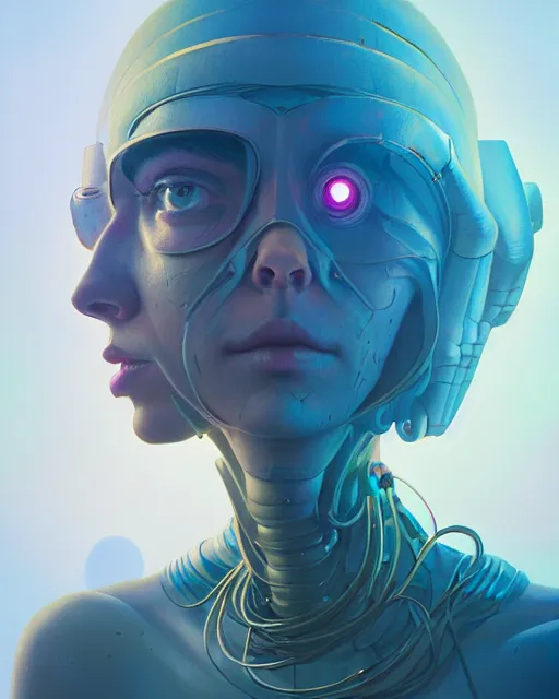 Image similar to highly detailed surreal vfx portrait of a sacred robot, stephen bliss, unreal engine, greg rutkowski, loish, rhads, beeple, makoto shinkai and lois van baarle, ilya kuvshinov, rossdraws, tom bagshaw, alphonse mucha, global illumination, detailed and intricate environment