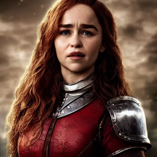 Image similar to emilia clarke, as a medieval fantasy character, with dark reddish hair, wearing light, silver armor and red clothing, tan complexion, holding a longsword, slightly smiling, noble, cinematic, gloomy, realistic, digital art, character art, 8 k