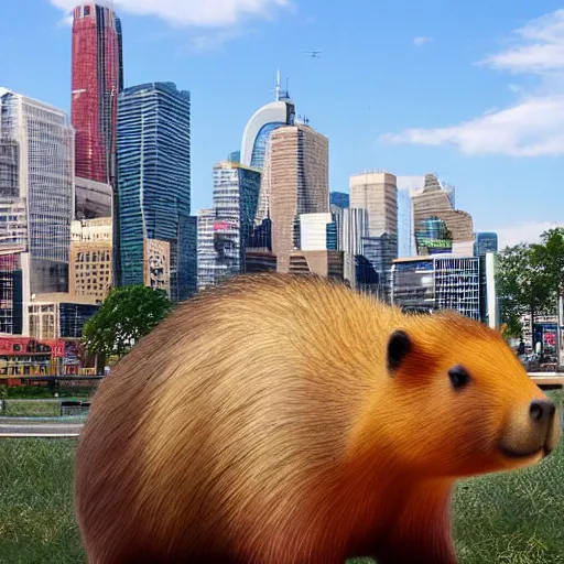 Image similar to A very oversized capybara is sitting on the middle of a miniature city. Shot from far away, detailed.