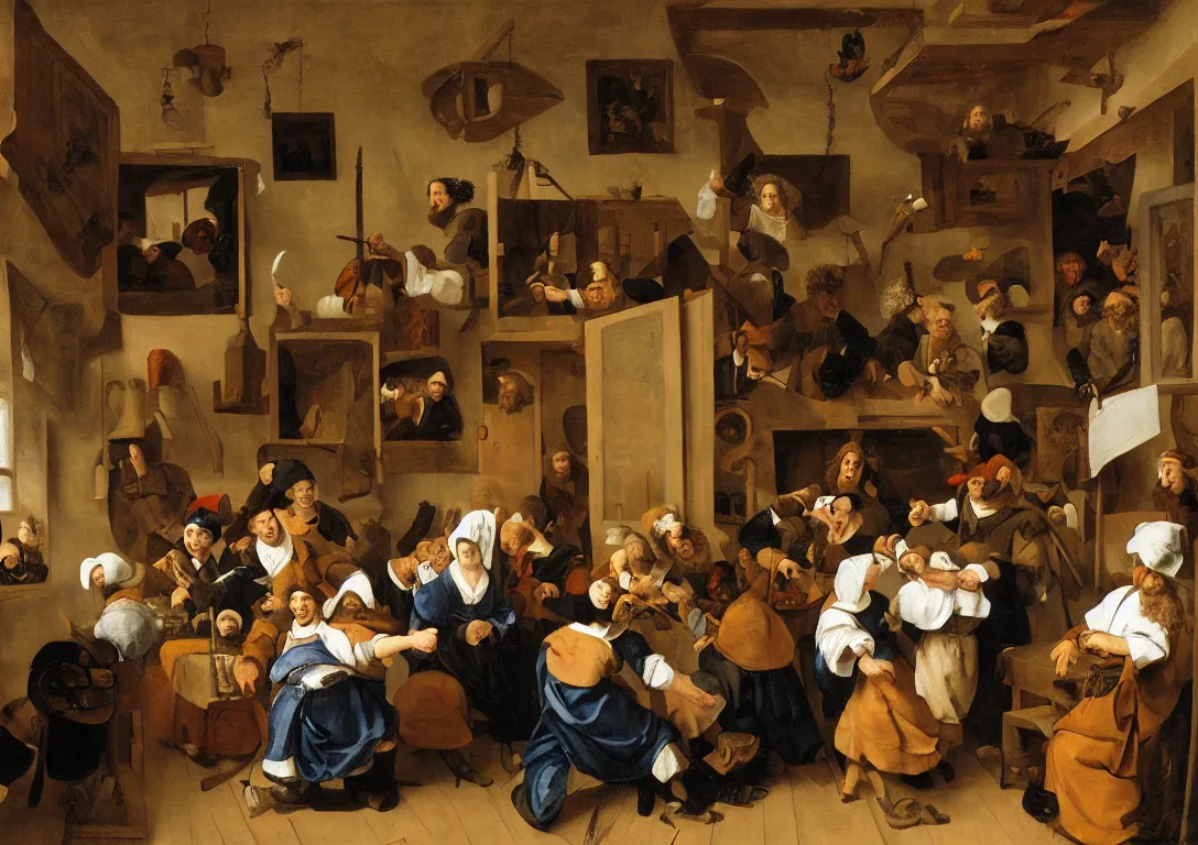 Image similar to Jan Steen arranges various actors in a small room with a window and low ceiling.