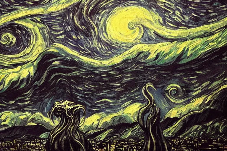 Image similar to man is seeing old god eldritch horror cthulhu terrifying the night sky of a city, epic scene oil painting hyper - detailed gigantic cthulhu, realistic dark - art painted by van gogh