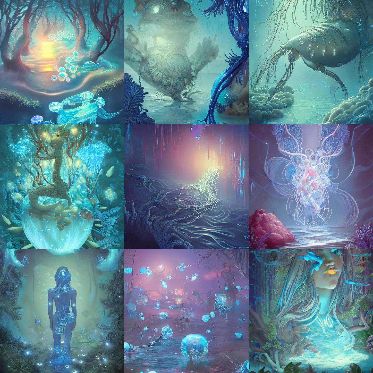 Prompt: closeup fantasy with water magic, at gentle dawn blue light, poster art by james jean, concept art, behance contest winner, very detailed, award - winning. bioluminescence