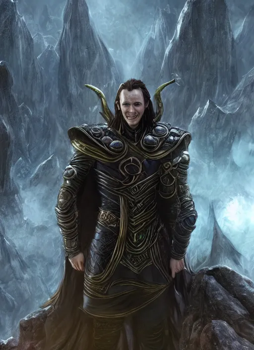 Image similar to norse loki folklore ultra detailed fantasy, elden ring, realistic, dnd character portrait, full body, dnd, rpg, lotr game design fanart by concept art, behance hd, artstation, deviantart, global illumination radiating a glowing aura global illumination ray tracing hdr render in unreal engine 5