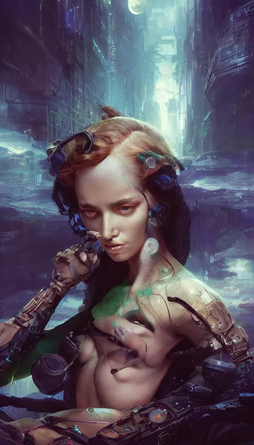 Prompt: epic masterpiece sweet dreams, virtual reality, cyberpunk, hyperrealistic, octane render, cinematic, night, moon, beautiful face and flawless skin, perfect hands, 5 fingers, emerald by Edgar Maxence and Ross Tran and Michael Whelan, Lorenzo Sperlonga Legends of Runeterra