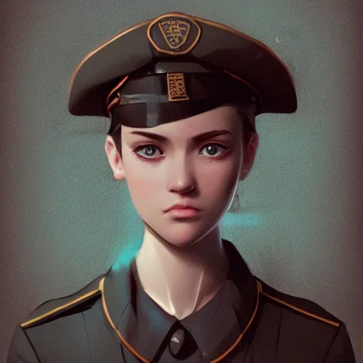 Image similar to symmetrical portrait bust of young woman with shoulder length light brown hair and hazel eyes dressed in a sharp dark teal military uniform and beret, anime, ilya kuvshinov, greg rutkowski, guweiz, ross tran, loish, svetlana tigai, artgerm, artstation trending, concept art, digital painting, painterly