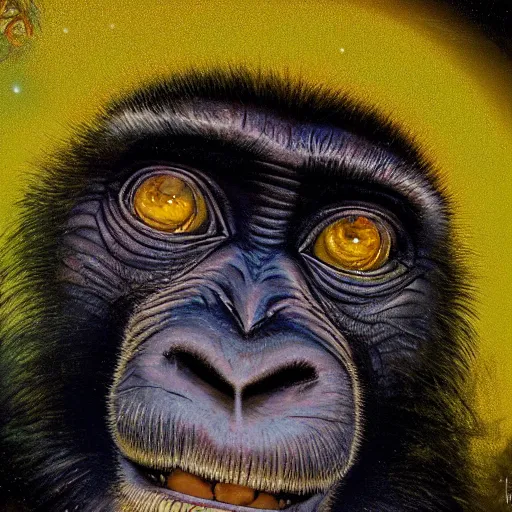 Prompt: A monkey at ozora festival by night, by Heather Theurer