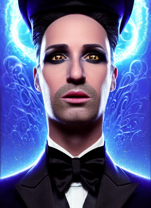 Prompt: hyperrealistic mixed media portrait of a devious male magician, stunning 3d render inspired art by Tim and Greg Hildebrandt + perfect facial symmetry + dim volumetric lighting, ornate black tuxedo, swirling mystical energy, 8k octane beautifully detailed render, post-processing, extremely hyperdetailed, intricate, epic composition, grim yet sparkling atmosphere, cinematic lighting + masterpiece, trending on artstation, Art Nouveau