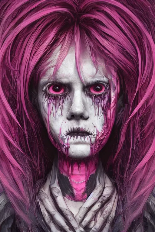 Prompt: portrait of a creepy horror punk girl pink hair, tears eyes . intricate abstract. intricate artwork. nightmare fuel. terrifying. by Tooth Wu, wlop, dan mumford , trending on artstation, greg rutkowski very coherent symmetrical artwork. cinematic, hyper realism, high detail, octane render, 8k, iridescent accents