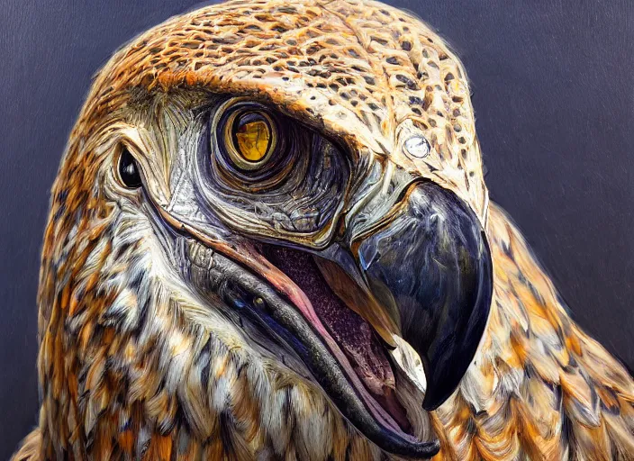 Prompt: a hyper-detailed oil portrait of a large raptor bird; an extraordinary masterpiece!!!; flawless; proud posture; photorealistic eyes; trending on artstation; f/1.4; 90mm