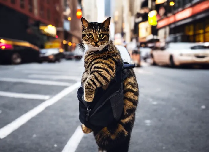 Image similar to photography of a Cat being carried in an half open backpack . in a new york street. award winning photo, led lighting, night, 130mm, sharp, high res