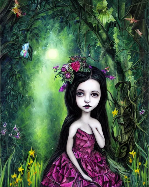 Prompt: matte painting, sharp beautiful little girl with long dark hair with black dress in the garden painted by jasmine becket - griffith