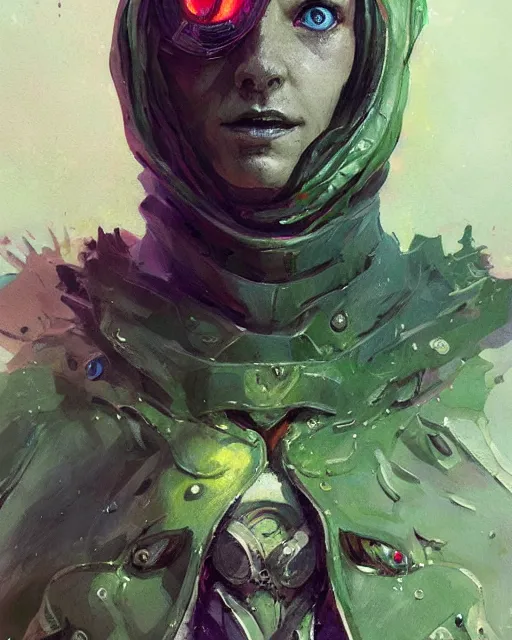 Image similar to character design, cyborg spellcaster, green robes, pen and ink, oil painting portrait, colorful, style by ian mcque, craig mullins, emil melmoth, + in style of charlie bowater, peter mohrbacher, marc simonetti, trending on artstation cgsociety, cinematic 8 k