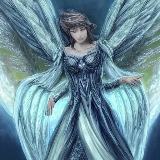 Prompt: infinitely detailed concept art of angel!! elegantly clothed imposing it's majestic aura, spreading it's gloriously detailed wings in a peaceful dream setting!, artstation!! / pixiv!!! infinitely detailed, library dream world outdoors and sunset library scenery art concept, dream magical, dream scenery art, dream lighting, full - body majestic angel