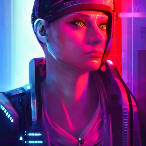 Prompt: portrait of a beautiful cyberpunk hacker girl with cybernetic eyes, sci - fi, dystopian, high contrast, digital painting, artstation, dark lighting, vivid colour, sharp focus, edgy, film grain, depth of field