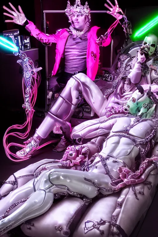 Image similar to full-body rococo and cyberpunk style neon statue of a muscular attractive Joe Jonas macho dotado e rico android sim roupa reclining con las piernas abertas e la piroca dura, glowing white laser eyes, prince crown of pink gears, diamonds, swirling silver-colored silk fabric. futuristic elements. full-length view. space robots. human skulls. intricate artwork by caravaggio. Trending on artstation, octane render, cinematic lighting from the right, hyper realism, octane render, 8k, depth of field, 3D