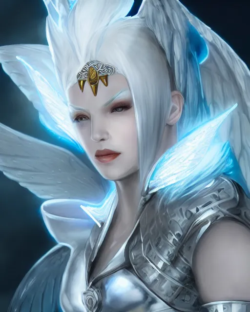 Image similar to perfect white haired egyptian goddess wearing white dove wings, warframe armor, regal, attractive, ornate, sultry, beautiful, ice queen, half asian, pretty face, blue eyes, detailed, scifi platform, 4 k, ultra realistic, volumetric lighting, illuminated, cinematic, masterpiece, art by akihito tsukushi, voidstar