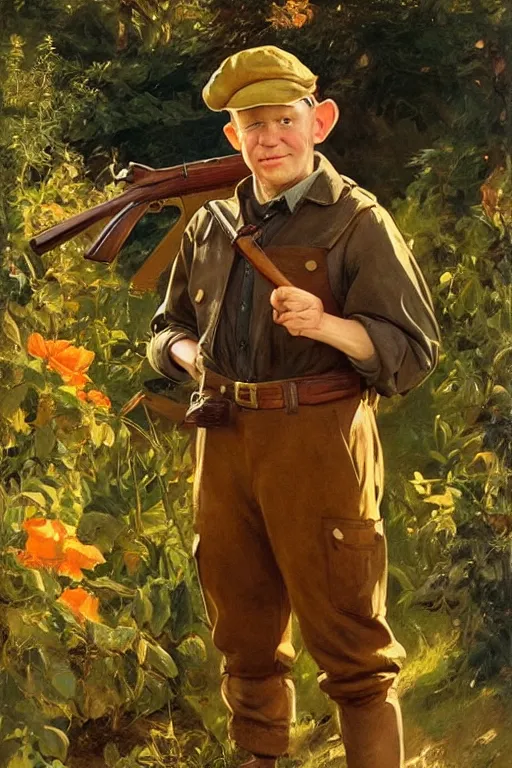 Prompt: Elmer Fudd holding a shotgun, golden hour, in a garden, artstation, by J. C. Leyendecker and Peter Paul Rubens,