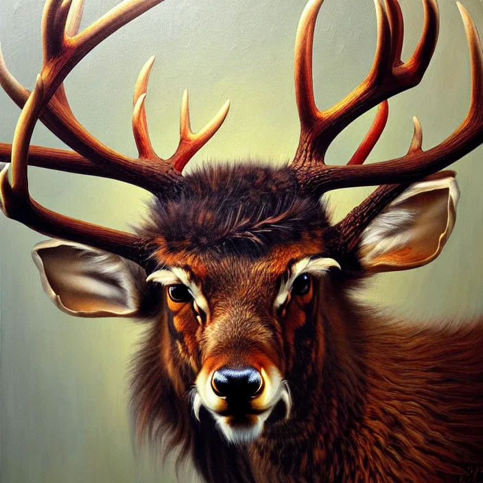 Prompt: angry antlers, furry art, oil on canvas, by gurney, highly detailed, intricate