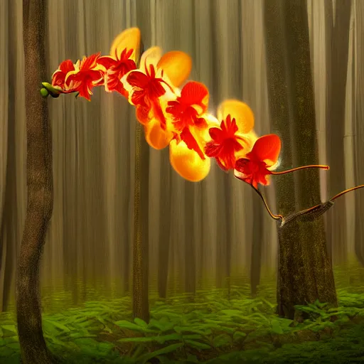 Image similar to a fiery orchid in a misty forest, light colors, digital art,