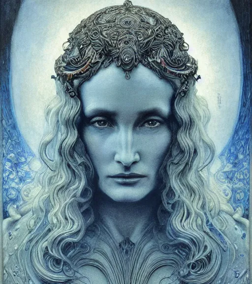 Image similar to detailed realistic beautiful young jessica lange as queen of mars face portrait by jean delville, gustave dore and marco mazzoni, art nouveau, symbolist, visionary, gothic, pre - raphaelite. horizontal symmetry by zdzisław beksinski, iris van herpen, raymond swanland and alphonse mucha. highly detailed, hyper - real, beautiful