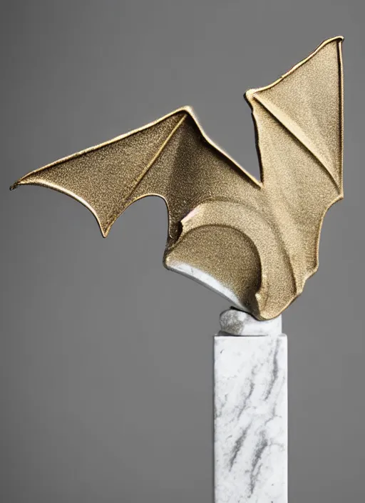 Image similar to gray marble statue of a bat, gold fills in the cracks, beautiful studio lighting