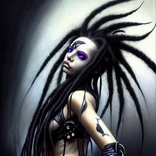 Image similar to portrait of a female cybergoth dreadlocks, dark, piercing eyes, exotic expression, esoteric clothing, photorealistic, highly detailed, mysterious lighting, artstation, smooth, sharp focus, art by michael whelan, artgerm, greg rutkowski and luis royo