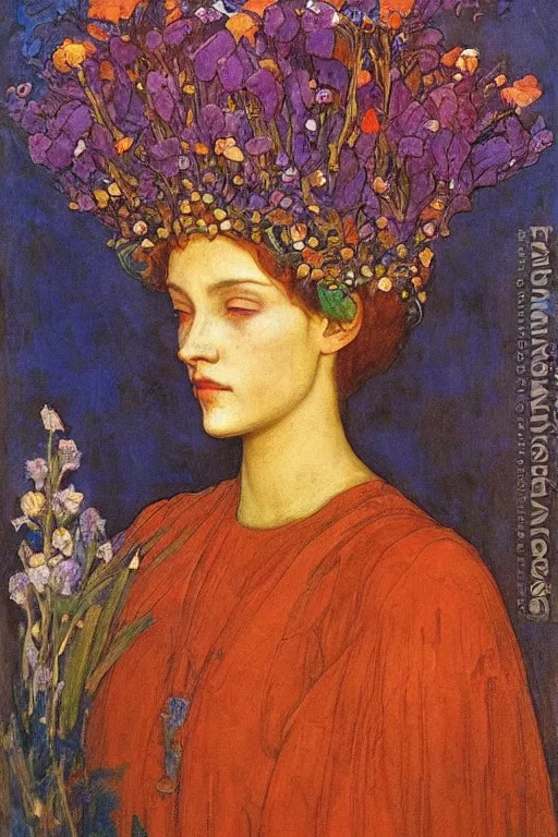 Prompt: queen of flowers by Annie Swynnerton and Nicholas Roerich, strong dramatic cinematic lighting , ornate headdress , flowing robes, lost civilizations, smooth, sharp focus, extremely detailed