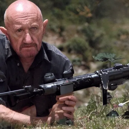 Image similar to Film Still of Mike Ehrmantraut aiming a sniper rifle in a new Breaking bad movie, 8k, highly detailed, centered