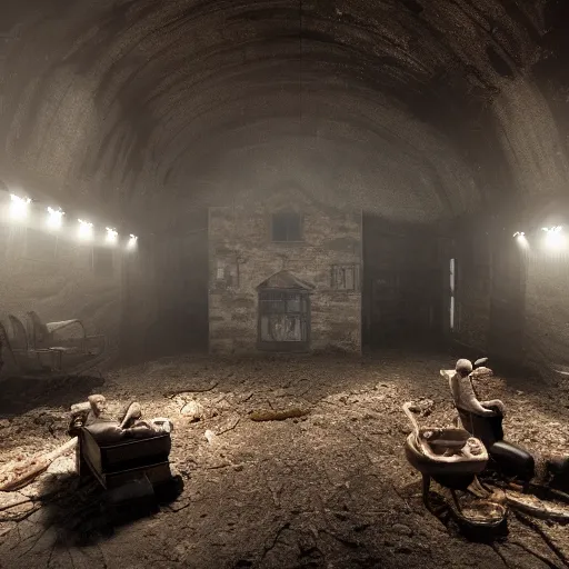 Image similar to a Cole mine, creepy setup, ambient horror lights, 8k