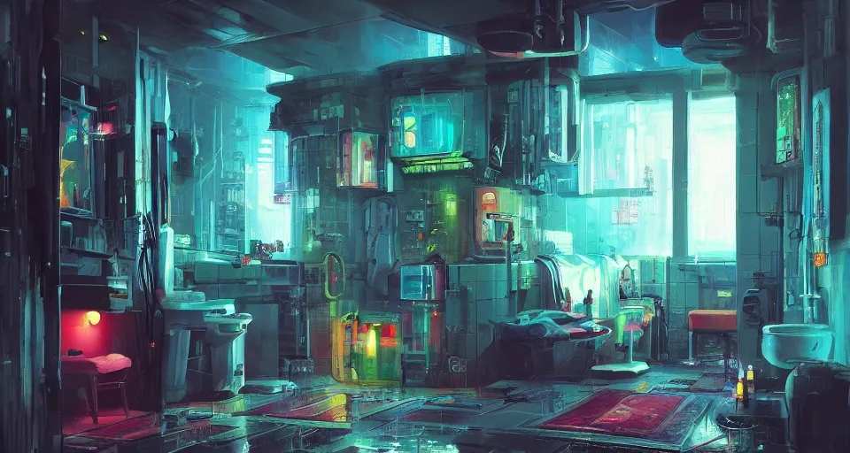 Image similar to IKEA catalogue photo of a cyberpunk bathroom, by Paul Lehr, 8k, HD, realistic, cinematic, artstation, details