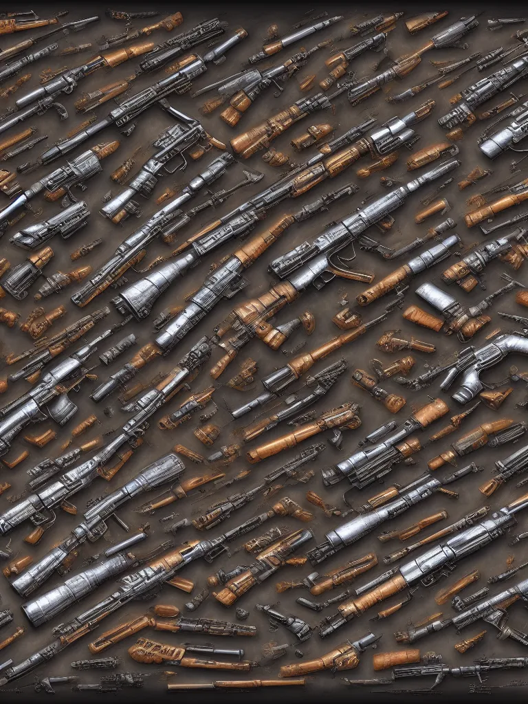 Prompt: kaleidoscope of machine guns, shotguns, rifles, revolvers, bullets, ultra-realistic, intricate details, concept artwork, digital painting, 4k