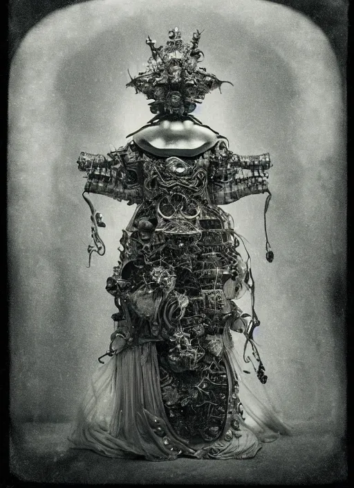 Image similar to old wetplate daguerreotype frame portrait of a futuristic silver armored geisha emperor district 9 cyborg, fractal, intricate, elegant, highly detailed, subsurface scattering, by jheronimus bosch and greg rutkowski and louis jacques mande daguerre