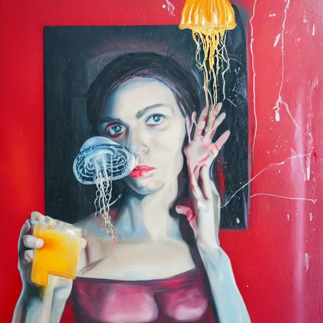 Prompt: a portrait in a dark apartment, a female art student holding a jellyfish, milk puddles, berries, broken windows and glass, neo - expressionism, surrealism, acrylic and spray paint and oilstick on canvas