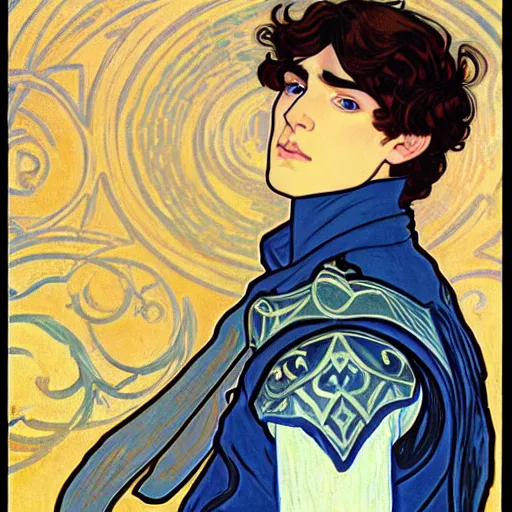 Image similar to portrait painting of young handsome beautiful paladin elf!! man with long! wavy dark hair and blue eyes in his 2 0 s named taehyung minjun james, pale, wearing armor!, gorgeous hair, elf ears, icy eyes, elegant, cute, delicate, soft facial features, art by alphonse mucha, vincent van gogh, egon schiele,